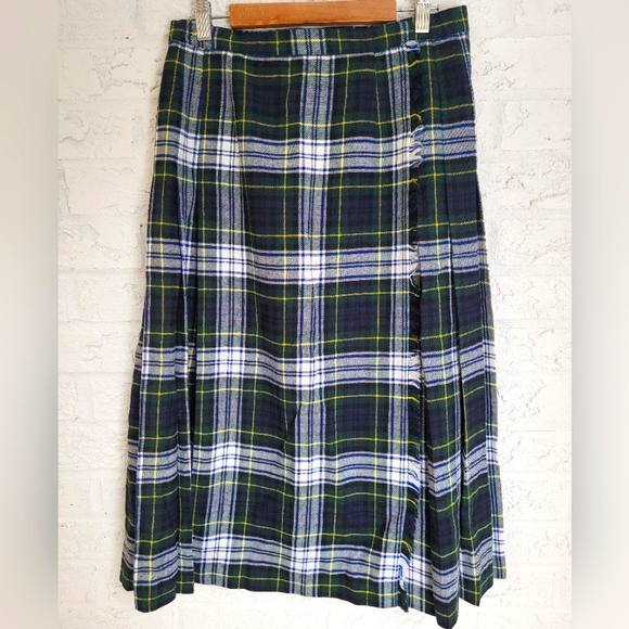 Vintage Celtic Wool Midi Length Kilt - Green & Blue Plaid, UK made. - Picture 1 of 7